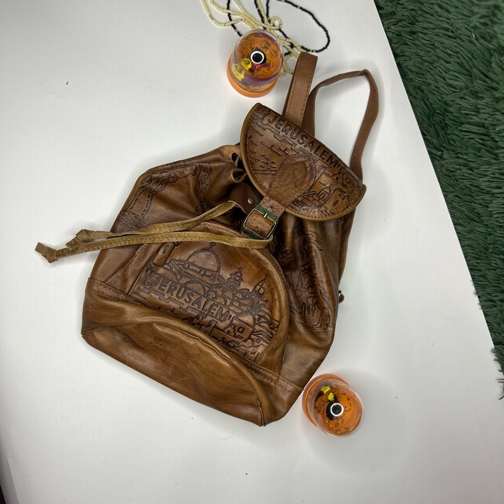 Embossed Leather Backpack With Jerusalem Design - image 3